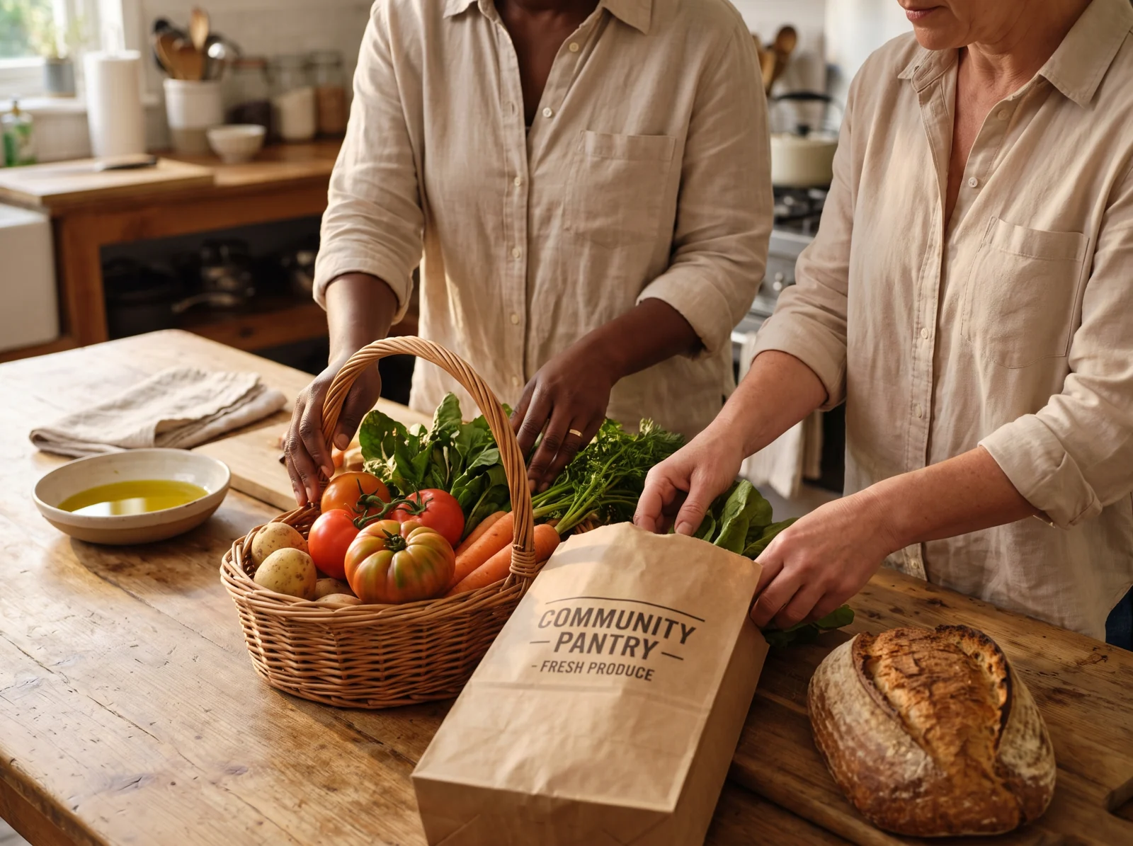 Hands packing fresh produce into a grocery bag