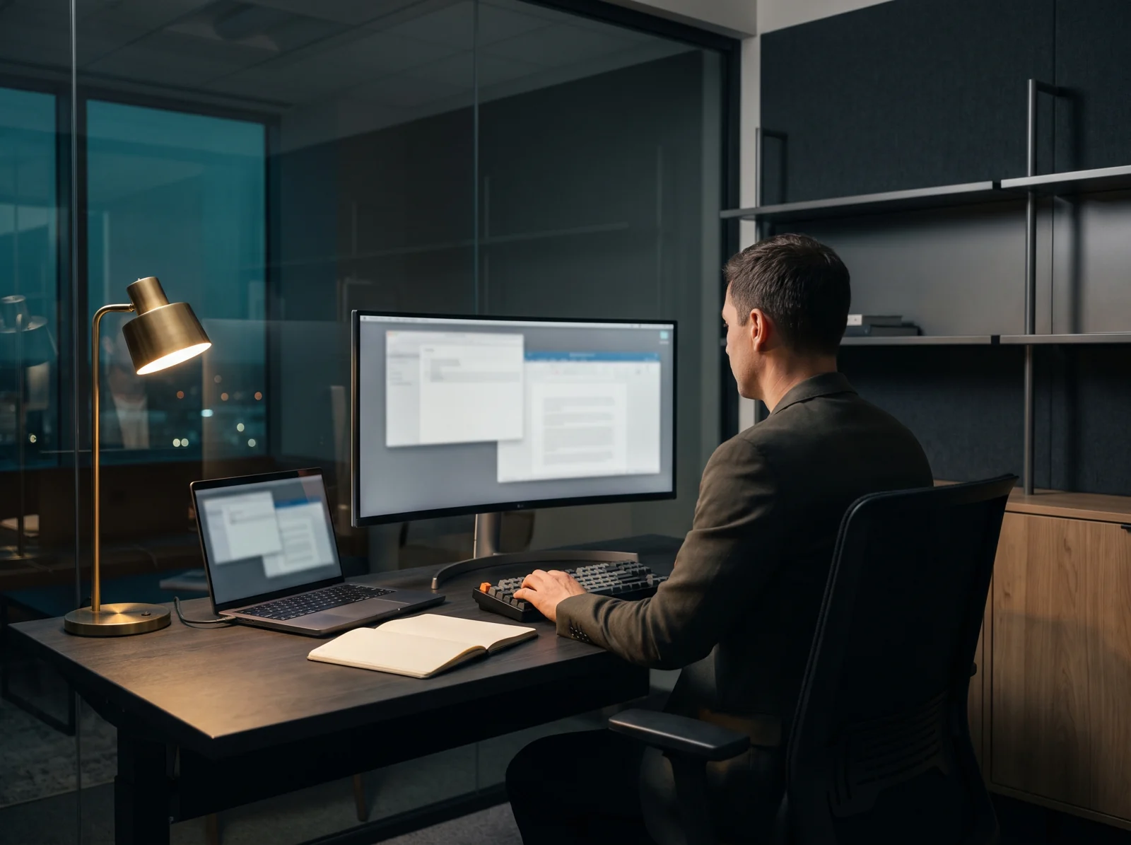 A researcher working at a computer in a modern office