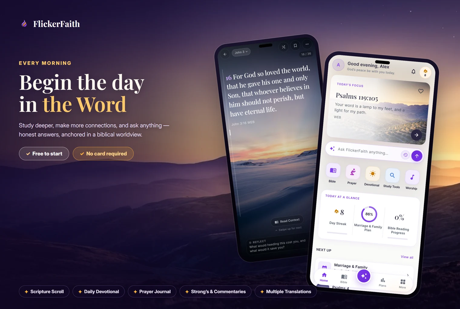 FlickerFaith app preview showing Bible reading and the daily devotional home screen